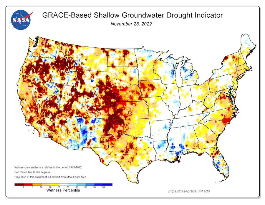 The GRACE-based shallow groundwater drought indicators shows dry conditions across much of the West, with a few exceptions (eastern AZ, western NM).