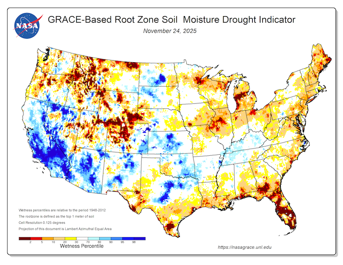  Root zone soil moisture improved over California and Nevada from late August to late November 2025 due to storminess and precipitation. 