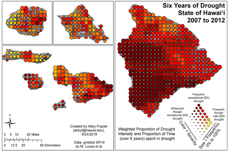 Dot map showing six years of drought in Hawai'i from 2007 to 2012. 80% of Hawai'i exhibited exceptional (D4) drought.