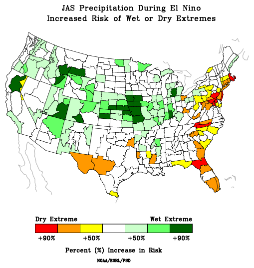 Map of the United States showing the percent increase in risk of extreme wet weather for July through September. There is not an increased risk of wet extremes during the July–September period in years with an El Nino pattern.