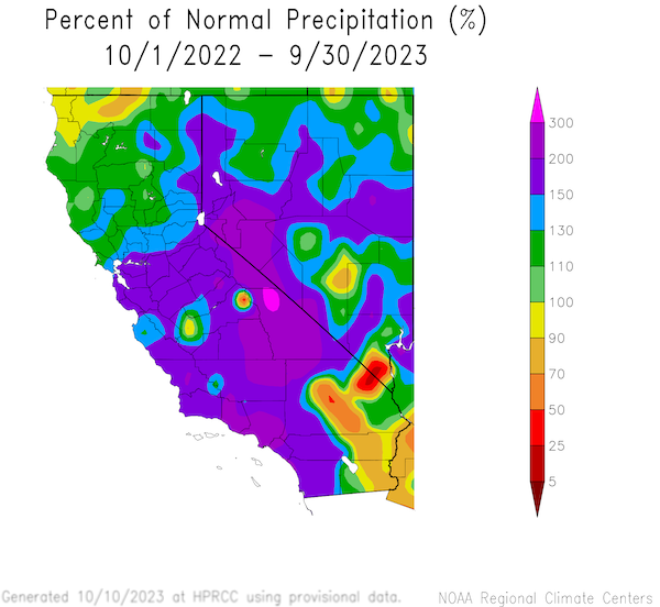 During Water Year 2023, precipitation totals were greater than 150% of normal for much of the region.