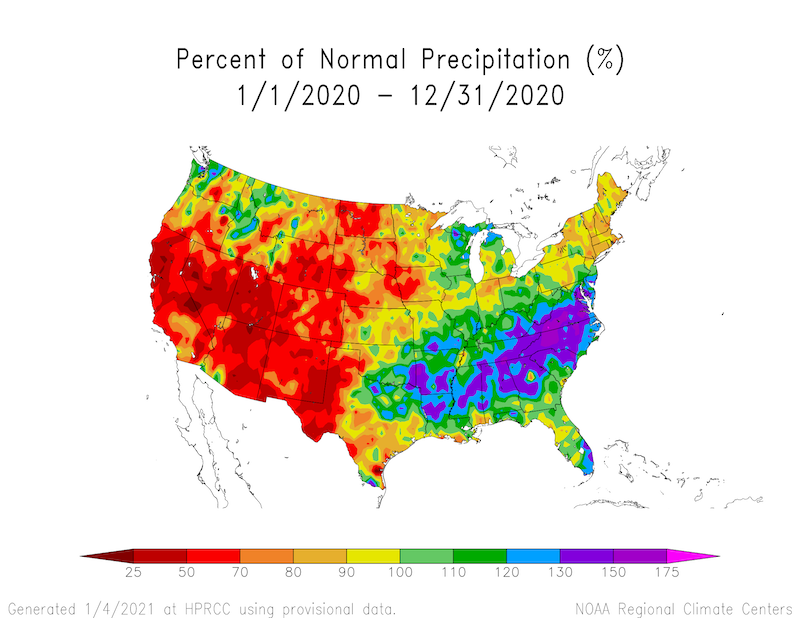 Percent of normal precipitation in 2020 for the contiguous U.S.