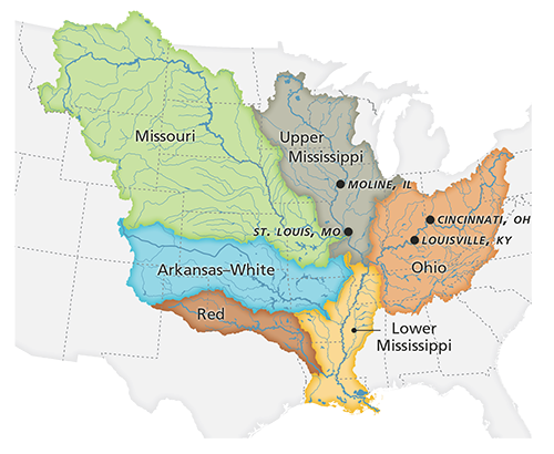 Map of the greater Mississippi River Basin, which includes the Upper and Lower Mississippi, Missouri, Arkansas-White, Red, and Ohio River Basins.