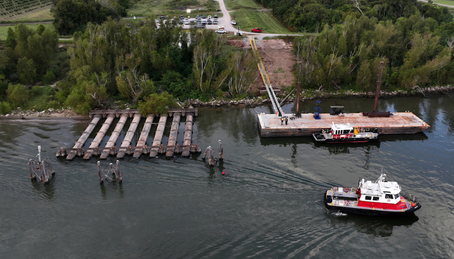 An aerial view shows low water levels on the Mississippi River in Belle Chasse, Louisiana, revealing pipes that are typically underwater