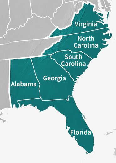 Map of the expanded Southeast DEWS region, which includes Alabama, Florida, Georgia, North Carolina, South Carolina, and Virginia