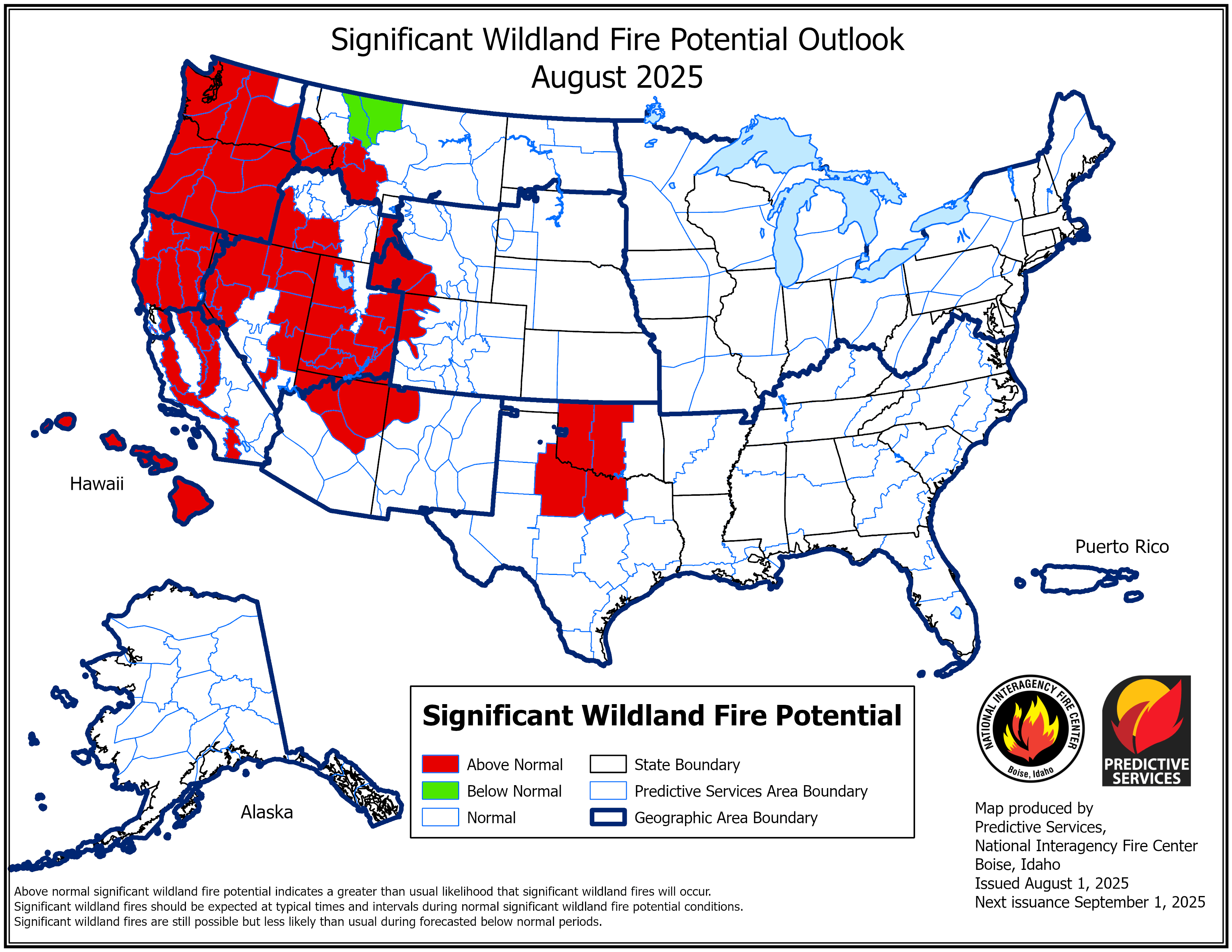 Hawaii is likely to see above-normal potential for significant wildland fires from now through the end of October, according to the National Interagency Fire Center (NIFC). NIFC also predicts above-normal risk of Wildland fires in much of the West and a portion of the Southern Plains this month. A small portion of Northern Montana has below-normal risk of significant wildfire. In September, this risk is reduced to areas west of the Rocky Mountains, and in October risk of significant wildland fires is further reduced to portions of coastal California and Oregon.