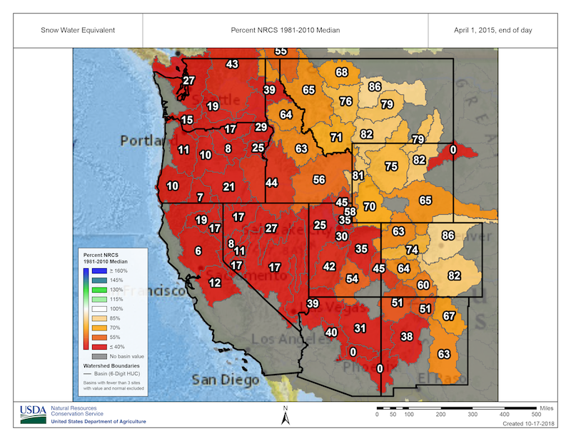 USDA Natural Resources Conservation Service map showing snow water equivalent for the Western U.S. for April 2015.