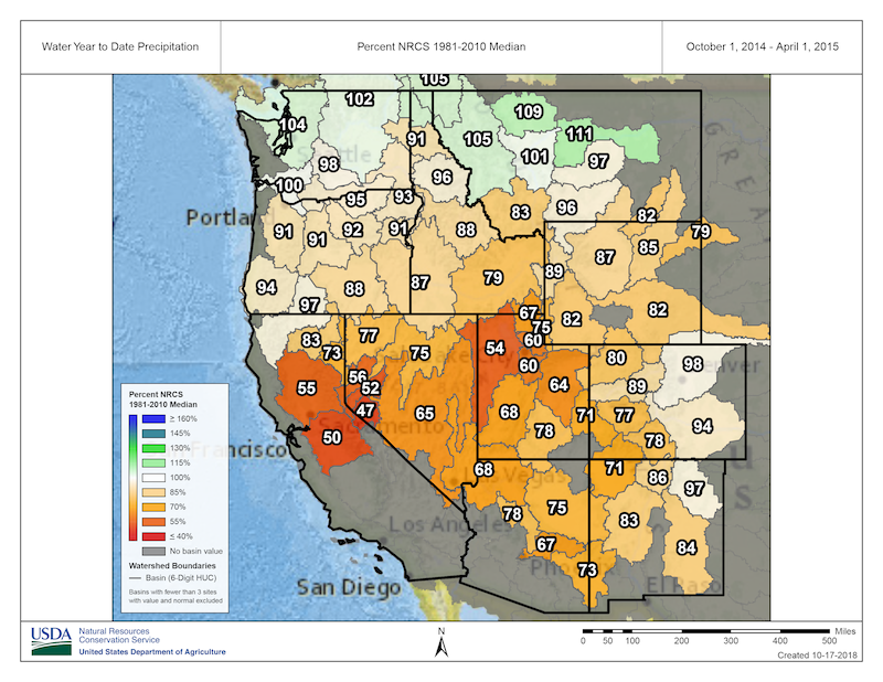 USDA Natural Resources Conservation Service map of the Western U.S. showing water year to date precipitation as a percent of the 1981-2010 median