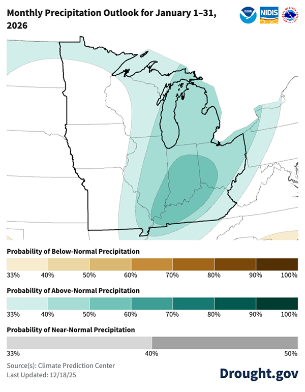 For January, odds slightly favor above-normal precipitation (33-70% probabilities) across the majority of the region, with the exception of western portions in Missouri, Iowa, and Minnesota where there are equal chances for above-, near-, or below-normal precipitation.