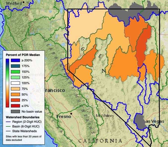 A map of Nevada showing the hydrological basin and each is color filled for the percent of median SWE for May 1, 2022. Most of the water basins in Nevada are between 50%-75%. 