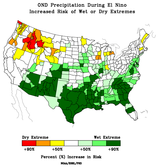 Map of the United States showing the percent increase in risk of extreme wet weather for October through December. n years when an El Niño pattern was present in the Pacific there is an increased chance of extreme wet weather for the southern states in late fall and early winter. 