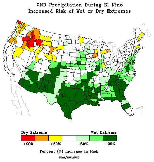 Map of the United States showing the percent increase in risk of extreme wet weather for October through December. n years when an El Niño pattern was present in the Pacific there is an increased chance of extreme wet weather for the southern states in late fall and early winter.