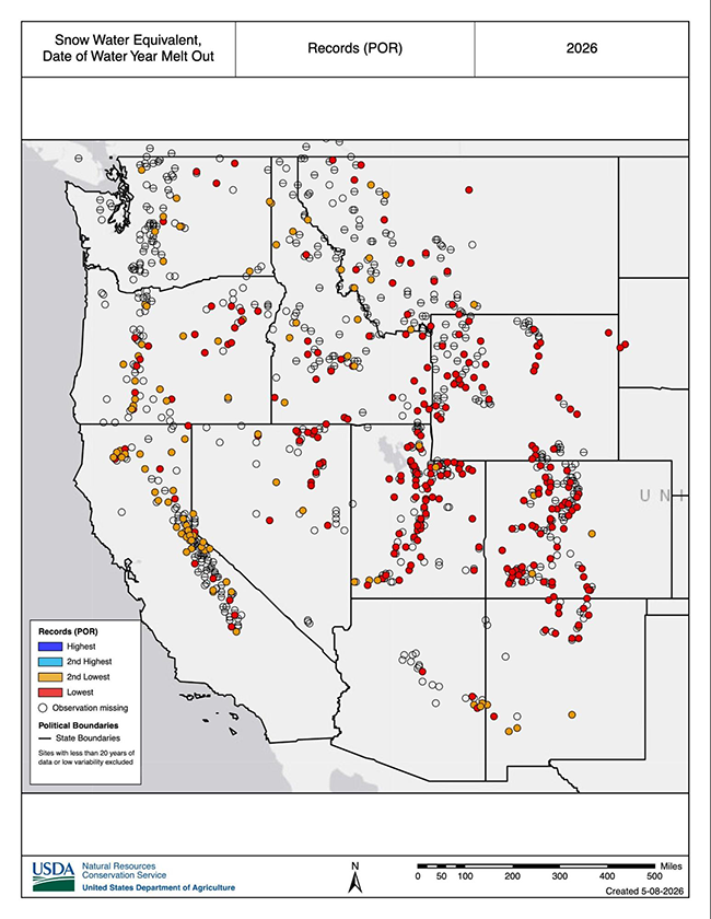 Earlier than normal water year snowmelt occurred across the Western U.S., with many locations setting a new earliest meltout date on record. 