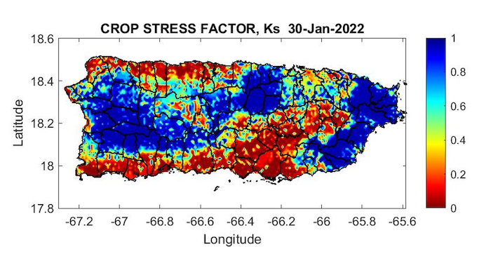 Crop stress factor for Puerto Rico as of January 30, 2022. Crop Stress Coefficient: 1=No Stress, 0=Extreme Stress.