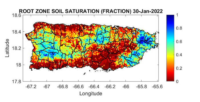 Root zone soil saturation across Puerto Rico as of January 30, 2022. Very dry soils are present along the southern slopes of Puerto Rico, and in several areas in the northwest and eastern interior.