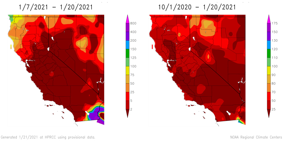 Two images show the the percent of normal precipitation for California and Nevada through 1/20/2021. For the past 14 days (left image), most of CA-NV shows less than 25% of normal except for a small area of northwest California (75%-125%) and southeast California (up to 400%-800%). On the right, the percent since the start of the water year shows most of CA-NV below 50%-70% of normal with small areas between 80%-90%.