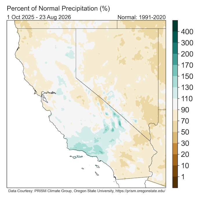 Portions of central/southern California have received 110–150% of normal water year to date precipitation (light blue-green). Elsewhere, water year to date precipitation is currently near historical normal conditions (90–110% of normal) or slightly below normal (70–90% of normal). Small pockets of below-normal precipitation, between 50% and 70% (tan), are visible in northeastern Nevada, southern Nevada, and  interior southern California. 