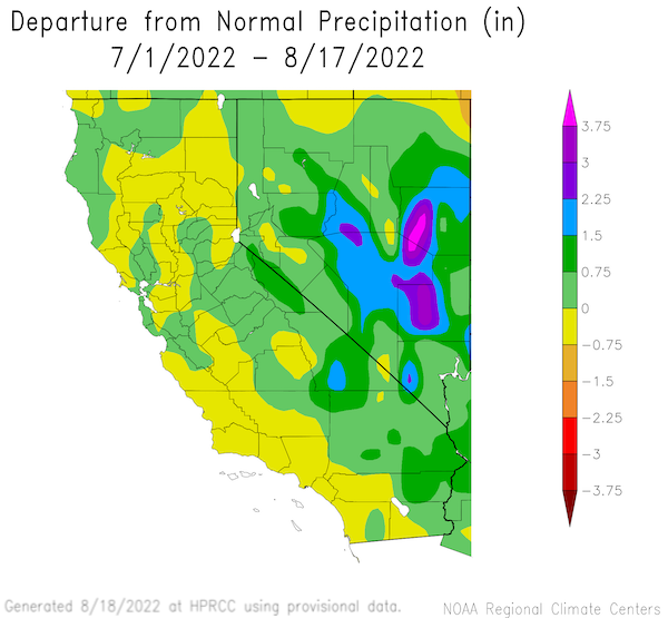From July 1 to August 17, most of Nevada has seen near or above-normal precipitation, with precipitation surpluses from 0.75 to over 3.75 inches in central Nevada.