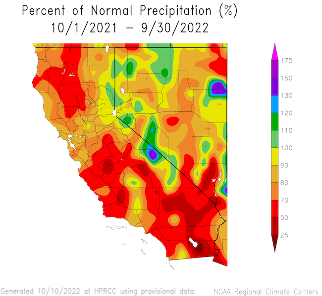California and much of Nevada have had below-normal precipitation over the water year. The region around the California/Nevada border has had near, slightly above and below, normal precipitation.