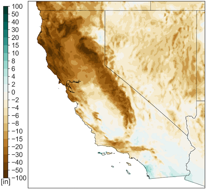 California-Nevada map showing total precipitation excess or deficit from PRISM data since 10/2/2019 to 2/3/2021.  Much of NV, N. CA, the Sierras, and coastal CA (except near San Diego) show precipitation deficits in the 10s of inches. 