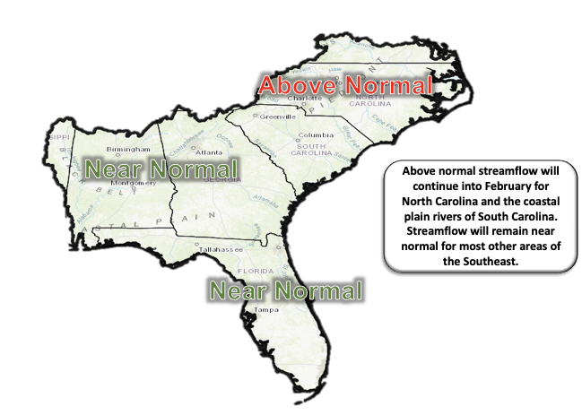 Streamflow forecast map of the Southeast. Above-normal streamflow will continue into February for North Carolina and the coastal plain rivers of South Carolina. Streamflow is predicted to remain near normal for most other areas.