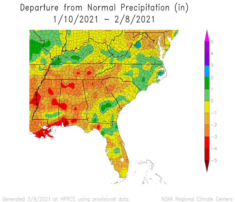 Precipitation departures from normal across the Southeast from January 10 to February 8, 2021. Shows varied precipitation across the Southeast, with above-normal precipitation for eastern North Carolina and below-normal precipitation for Alabama and Florida.