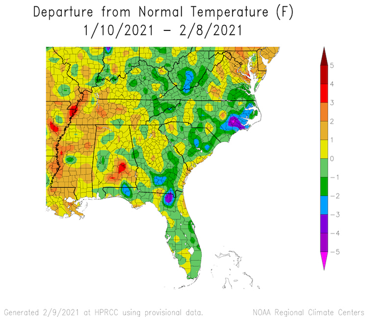 Temperature departures from normal across the Southeast from January 10 to February 8, 2021. January temperatures were near average for the region.