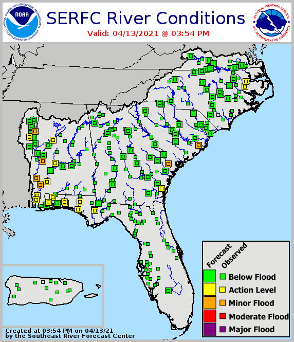 Map of river flood conditions across the Southeast U.S. and Puerto Rico from the Southeast River Forecast Center. "Minor flood" conditions are present in western Alabama.