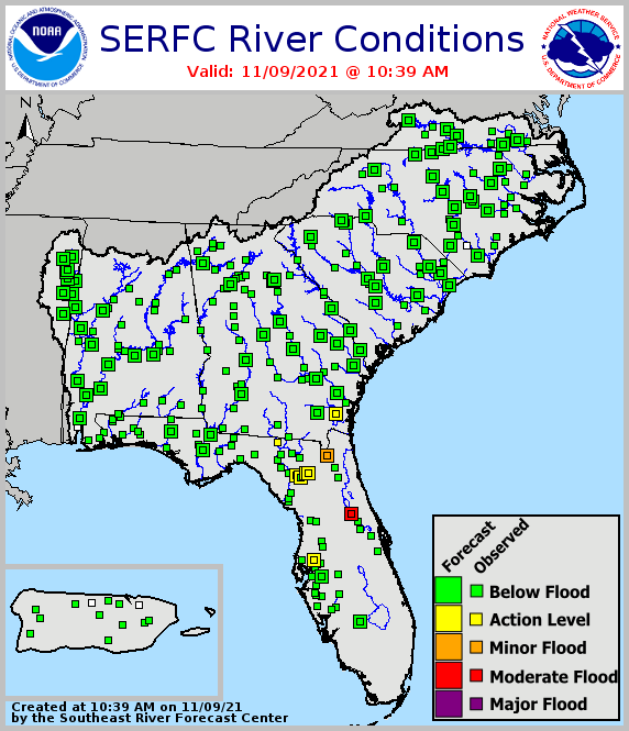 River flood status across the Southeast, from the Southeast River Forecast Center. Valid November 9, 2021. Most streams are below flood level throughout the region.