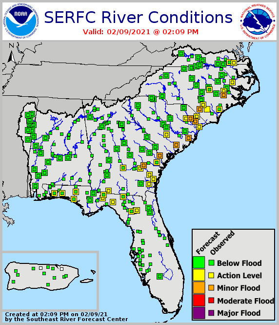 Map of the Southeast showing river flood conditions as of February 9, 2021.