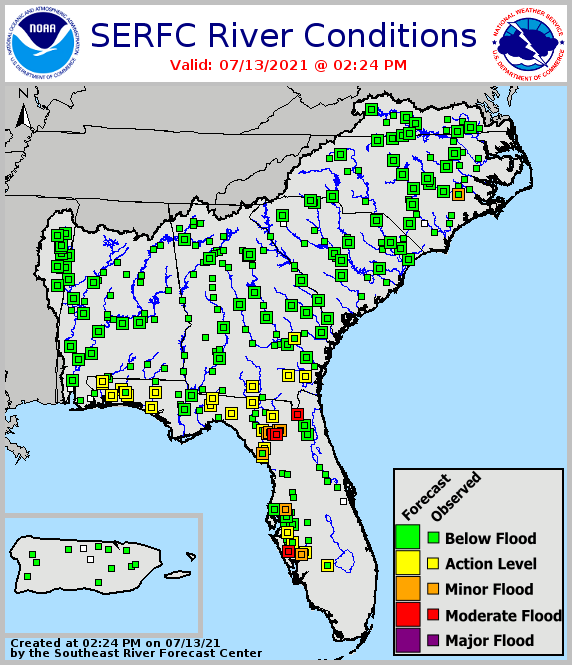 River flood status across the Southeast, from the Southeast River Forecast Center. As of July 13, 2021, most of the Southeast is in the "below flood" level, with action level and moderate/major flooding in parts of Florida.