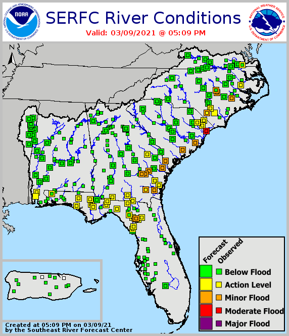 Map of the Southeast showing river flood conditions as of March 9, 2021. Some minor flooding forecasted or observed in the eastern Carolinas and Georgia.
