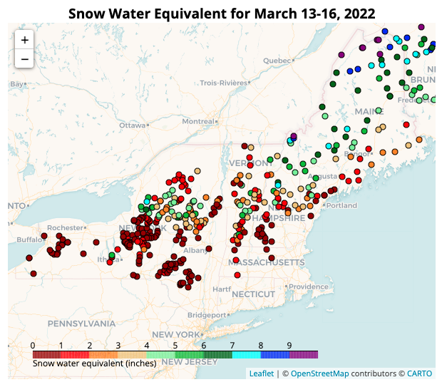 New York and New England Snow Survey Map, showing snow water equivalent (inches) across the region for March 13-16, 2022.