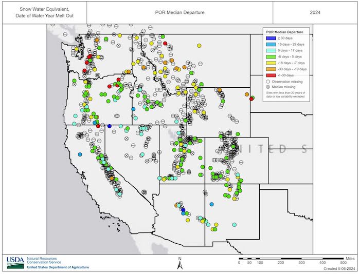 Several SNOTEL sites in Washington, northeaster Oregon, northern Idaho, and western Montana had melt out more than 19 days early, with several sites over 30 days early.