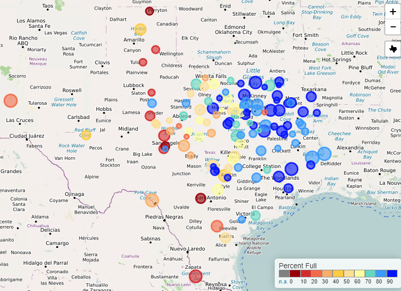 A map showing the percent full of each substantial reservoir in Texas.