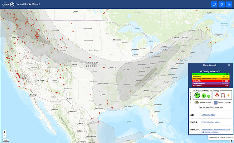 Smoke plumes are covering most of the U.S., except the Northern Plains, Upper Midwest, and Southwest. The heaviest smoke conditions are in the Pacific Northwest and Appalachia. 