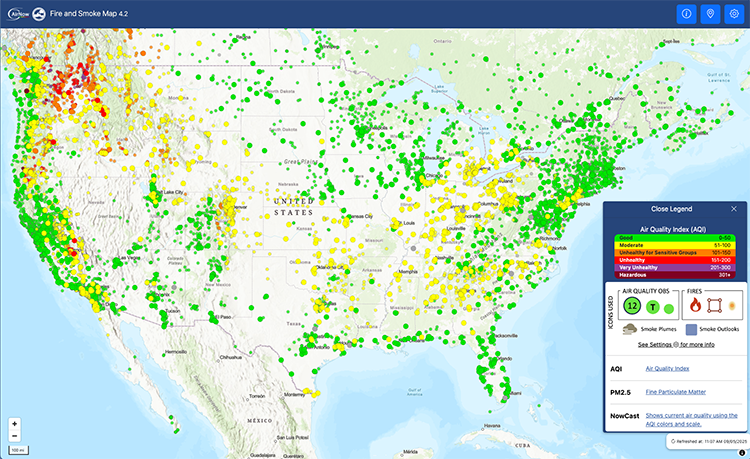Air quality is poor in the Pacific Northwest, particularly eastern Washington. Moderate air quality is present in parts of California, Colorado, the Southern Plains, Midwest, and Appalachia. Elsewhere, air quality is moderate. 