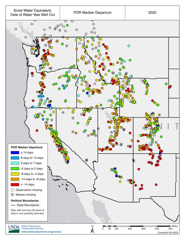 Earlier than normal water year snowmelt occurred across the Western U.S., even in areas with little or no snow drought.