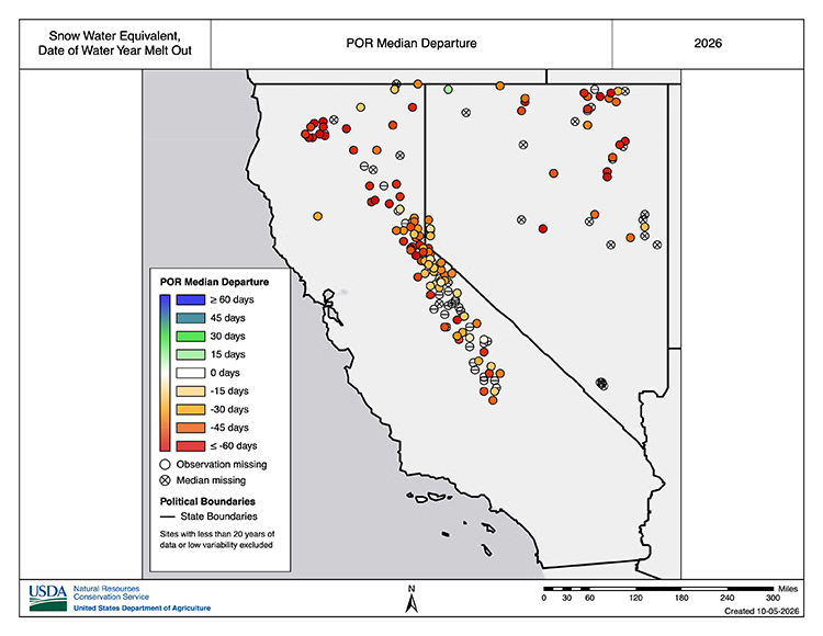 Many SNOTEL and snow survey sites in the California-Nevada region recorded complete melting of the seasonal snowpack more than 30 days earlier than the typical historical melt out date.