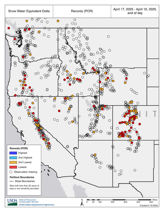 Many SNOTEL stations across Colorado saw record SWE decreases for the April 10-17 period.