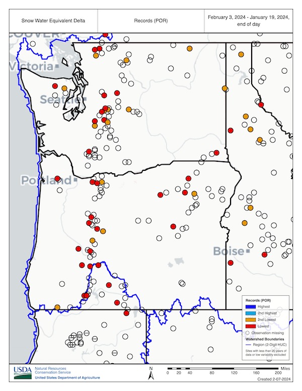 From January 19 to February 3, many locations in Washington, Oregon, and Idaho had record SWE losses.