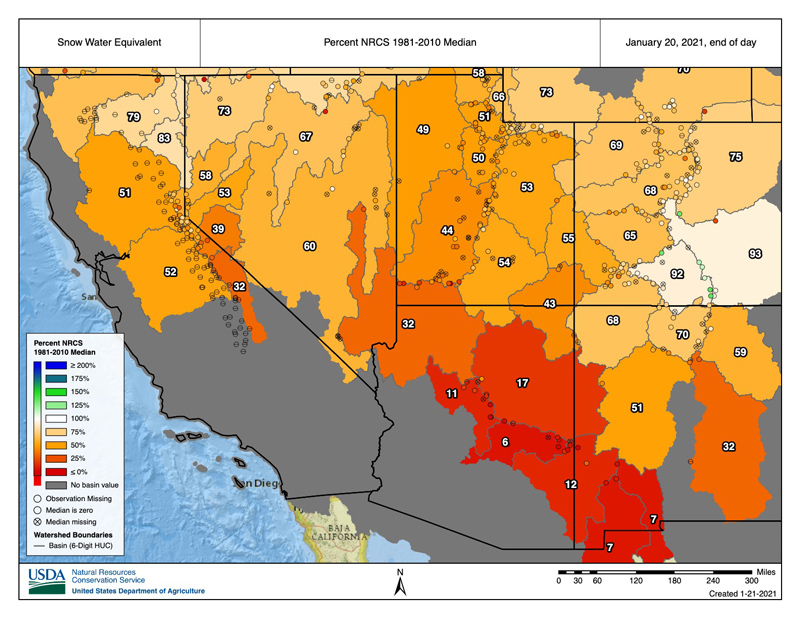 A map of the western U.S. showing the percent of 1981-2020 median snow water equivalent values from the NRCS from 1/20/2021. The states of CA, NV, UT, AZ, NM, CO are shown with a color bar from 0% (red) to >200% (blue). SNOTEL stations with a 20 year record and watershed basins are shown. SWE in the region is primarily between 0% and 75%, including the Sierras (25%-75%).