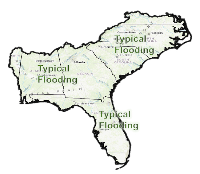 Streamflow forecast map of the Southeast for April to June 2021. Typical flooding is forecast across the region.