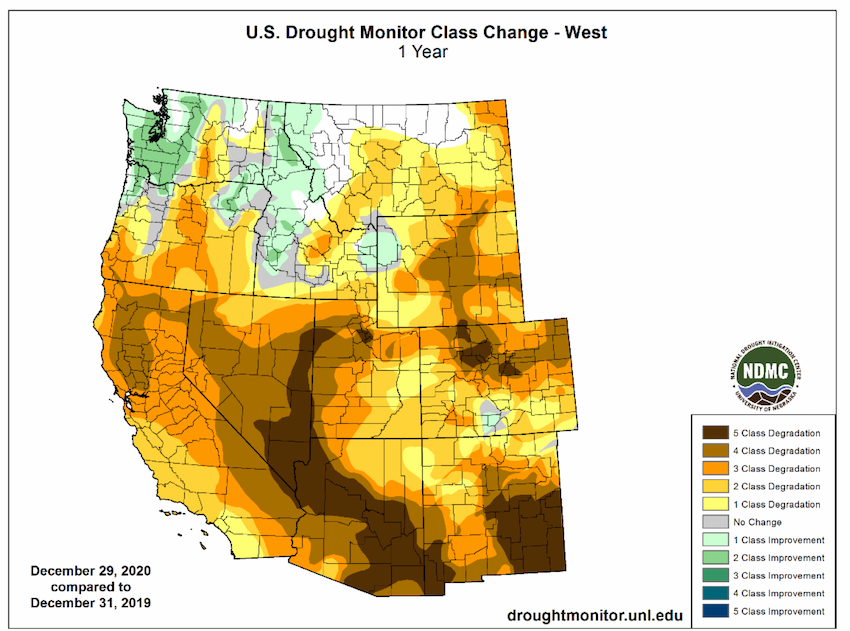 U.S. Drought Monitor 2020 change map for the West, showing 3-5 class degradations across parts of California and Nevada