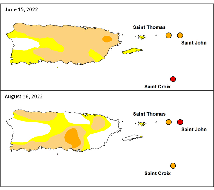 From June 15 to August 16, 2022, drought conditions have improved on St. Croix and parts of Puerto Rico. Conditions have worsened in south-central Puerto Rico and on St. John.