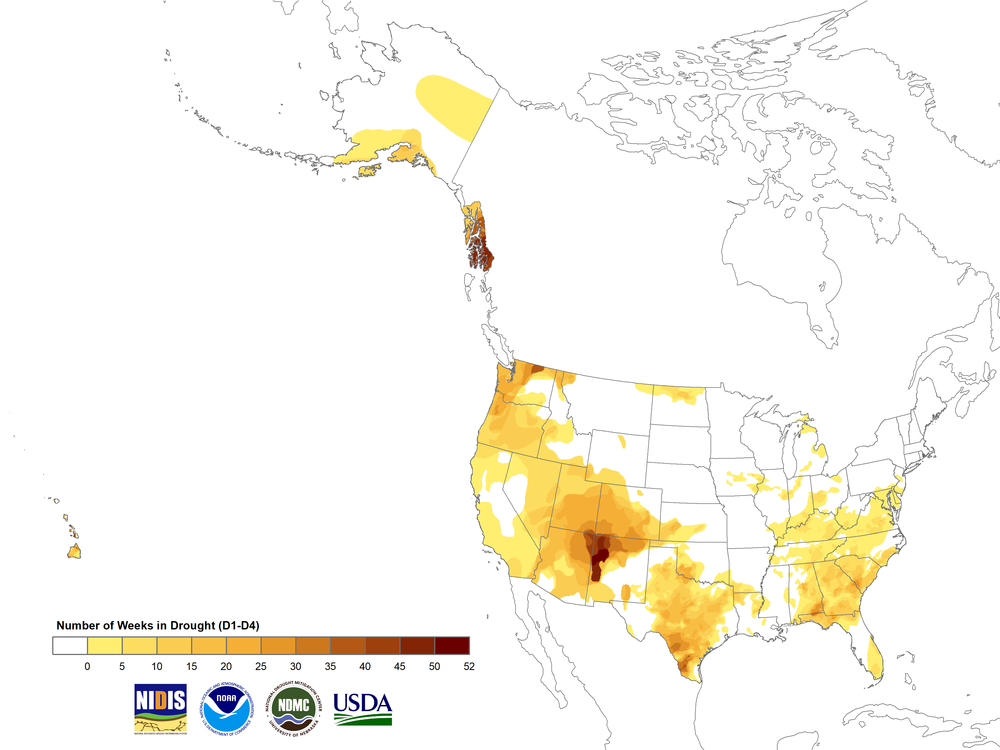 weeks during 2019 with USDM Category D1 or greater​