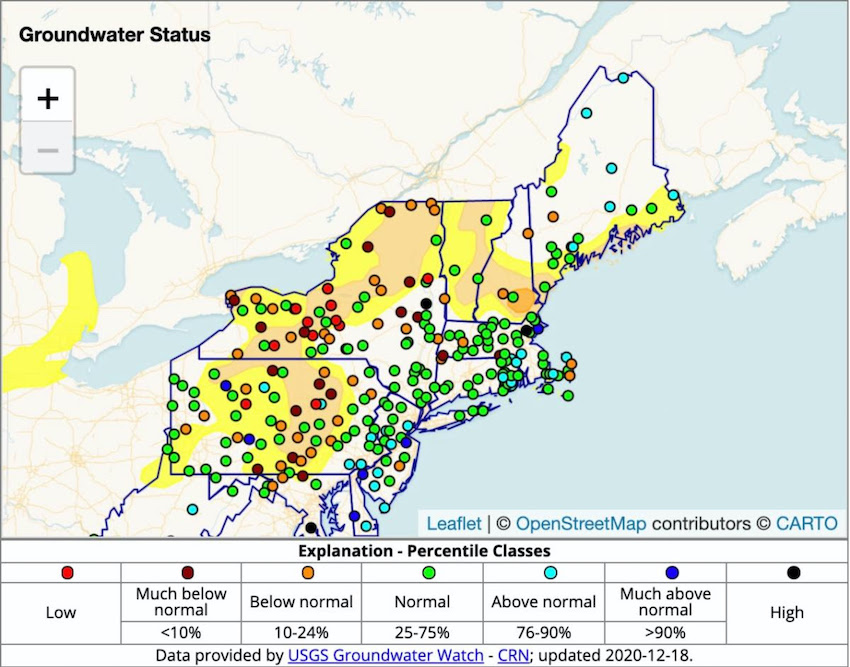 U.S. Geological Survey map of the Northeast showing groundwater levels as a percent of normal. Low and much below normal conditions are seen across New York and Pennsylvania.
