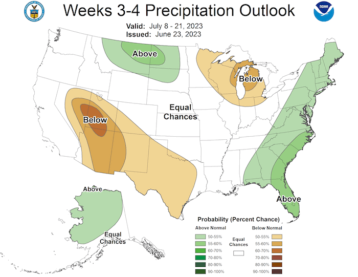 For July 8-21, odds slightly favor above-normal precipitation across most of the Northeast, except for inland New York and northern Maine..