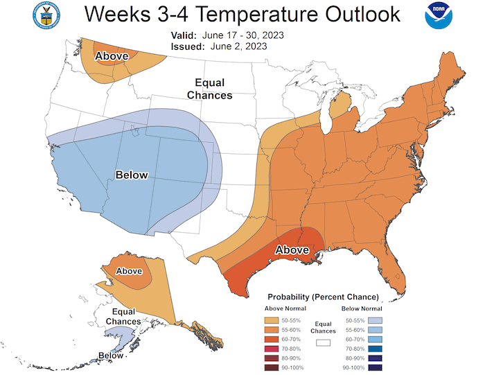 For June 17 to 30, odds favor above-normal temperatures across the Northeast.