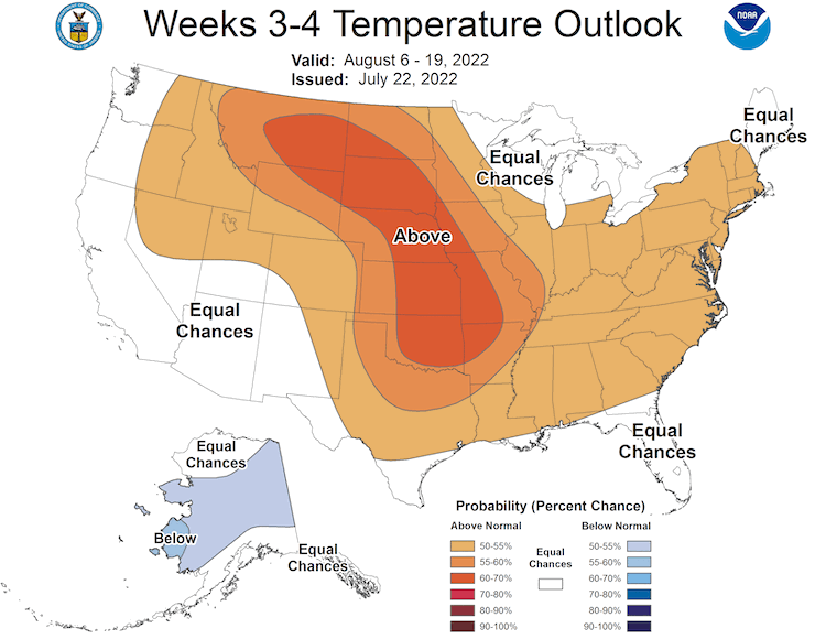 From August 6–19, 2022, odds favor above-normal temperatures for the entire Northeast except the northeastern corner of New Hampshire and all of Maine.